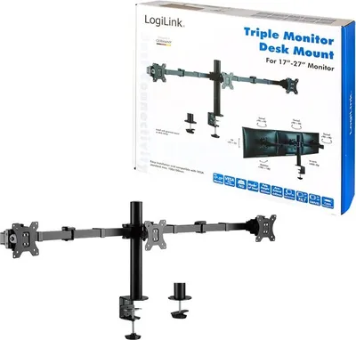 Obrázek produktu pro Montážní sada LogiLink (tyč, svorka, 2 kloubová ramena, svorka pro vstup kabelu) - pro 3 LCD displeje - ocel - černá - velikost obrazovky: 43,2-68,6 cm (17"-27")