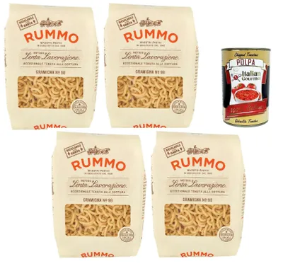 Produktbild von Rummo Italian Gourmet Bundle 4x500g Gramigna Pasta + Italian Gourmet Polpa Gratis – Italienische Pasta aus Hartweizengrieß – Pasta Gramigna No. 98 – Traditionelle Italienische Nudeln – 2kg Vorratspack