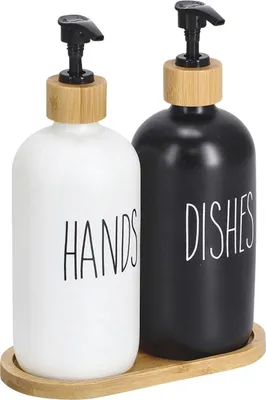 Zdjęcie produktu dla Zestaw dozowników na płyn i mydło z bambusową podstawką, 2 x 500 ml