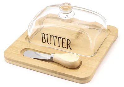 Butterdosen-Set aus Bambus mit Messer, Glasdeckel
