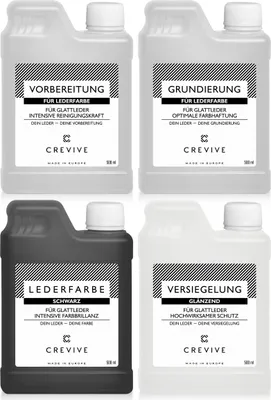 Produktbild von CREVIVE Lederfarbe Set Schwarz Glänzend - für die optimale Lederfärbung - Lederreiniger, Grundierung, Lederfarbe, Versiegelung, je 500 ml
