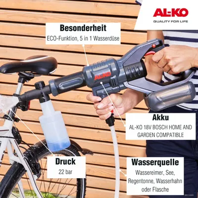 Produktbild von AL-KO Akku-Hochdruckreiniger PW 1850, 18 V Li-Ion Akku, max. Druck 22 bar, inkl. 5 in 1 Funktionswasserdüsen