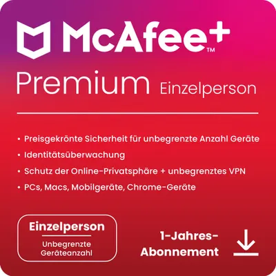 Produktbild von McAfee PREMIUM Individual Security / 1 User / Unlimit-Geräte / 1 Jahr / (Lizenz per Email)