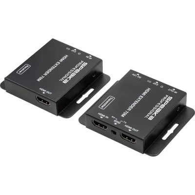 Two black HDMI extenders are shown on a white background.