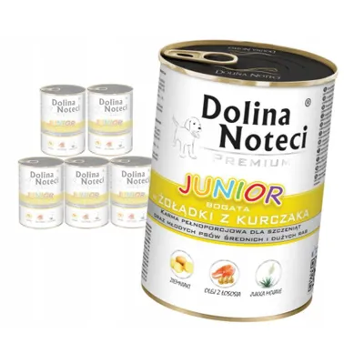 Zdjęcie produktu dla Dolina Noteci Premium Junior 6x400g Mokra Karma Dla Szczeniąt Średnich i Dużych Ras Bogata W Żołądki z Kurczaka