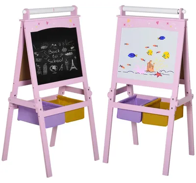 Obrázek produktu pro Dětský stojan na malování – bílá tabule 3 v 1 – oboustranný – 58,5 × 50,5 × 118 cm – MDF a PP – růžový