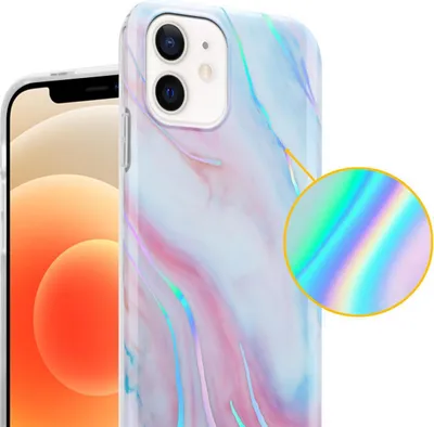 A close-up of a phone case with a marble-like pattern and a magnified view of its iridescent texture.