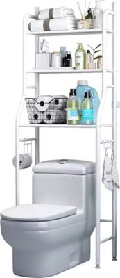 Platzsparendes Badregal, Toilettenregal aus Eisen ohne Bohren mit Haken, für kleine Bäder - BATHFLEX Weiß