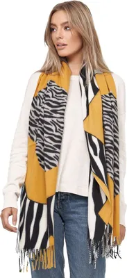 Produktbild von Glamexx24 Damen XXL Schal Kuscheliger warmer Leoparden Muster 3 farbiger Fransen Poncho Schal Oversized Deckenschal Gelb-Schwarz-Weiß
