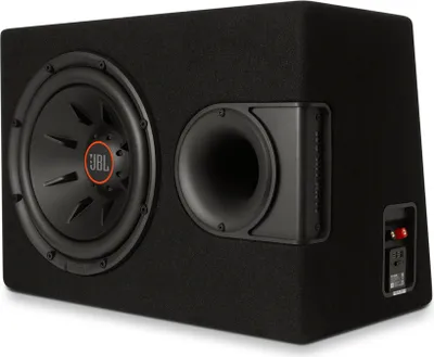 A black subwoofer with a port and a JBL logo is shown against a light gray background.