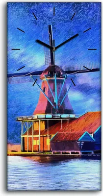 Produktbild von Wanduhr Bürouhr Leinwand Bild Quarz 30x60 Windmühle Bauernhof Wasser Himmel - schwarze Hände