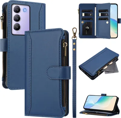Obrázek produktu pro Pouzdro pro Vivo V30 Lite 4G, zipem, peněženkovéPolyuretankožené flip pouzdro s kapsami na karty, stojánkem a poutkem na ruku modrý