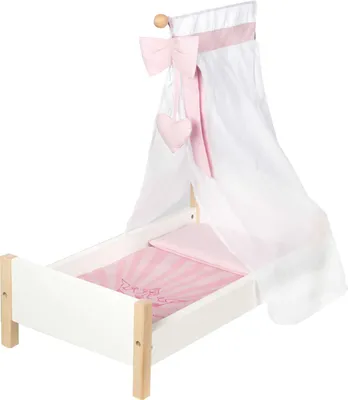 Obrázek produktu pro roba Postel pro panenky "Scarlett", bíle lakovaná, včetně textilního nábytku, ložního prádla a růžového baldachýnu