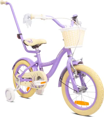 Obrázek produktu pro Kolo pro dívku 14 palců 3-5 let kolo s tréninkovými koly tlačné zařízení zvonek košík Flower Bike levandule