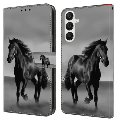 Produktbild von CLM-Tech Handyhülle kompatibel mit Samsung Galaxy A16 5G Hülle - Tasche aus Kunstleder - Klapphülle mit Ständer und Kartenfächern - Schutzhülle Wallet Case Cover Pferd in schwarz grau