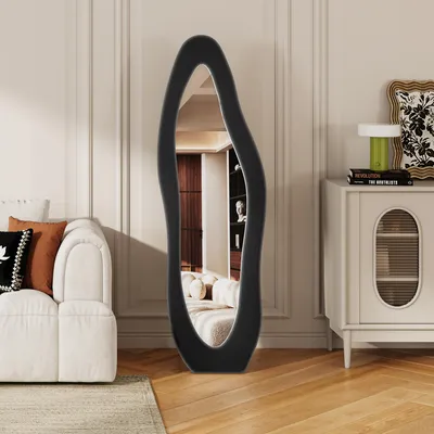 Immagine prodotto di UnboxG Specchio a figura intera irregolare, 160x50 cm, forma organica, specchio da terra e da parete con cornice in flanella, bianco, specchio decorativo per soggiorno e camera da letto
