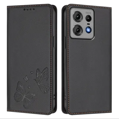 Obrázek produktu pro Kožené pouzdro pro Motorola Edge 50 Pro, motýlí ražbou, peněženkové flip pouzdro se stojánkem Černá