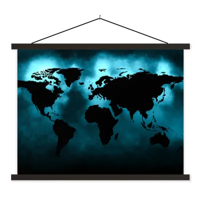 Produktbild von MuchoWow® Textilposter Weltkarte - Schwarz - Blau 150x113 cm mit holzfarbenen Rahmen - Poster