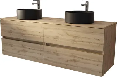 Image de Meuble de salle de bains 160 TIMBERReproduction Chêne - 4 Tiroirs - 2 Vasques Rondes Noires