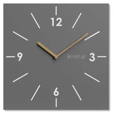 A modern square wall clock with minimalist design, featuring wooden hands and white hour markers on a gray background. The brand name 'flexistyle' is subtly visible.