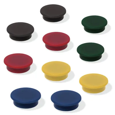 Produktbild von SIGEL MU197 Magnete für Whiteboard, Magnettafel, Kühlschrankmagnet, gute Haftkraft, je 2x schwarz, rot, gelb, grün, blau, Ø 25 mm, 10 Stück