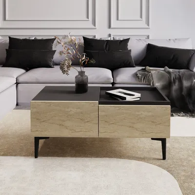 Zdjęcie produktu dla Skye Decor, nowoczesny stolik kawowy z trawertynu i antracytu, wymiary: 91,8 x 38,6 x 45 cm | 100% płyta wiórowa pokryta melaminą, grubość 18 mm | Dodatkowa przestrzeń do przechowywania, stylowy design.