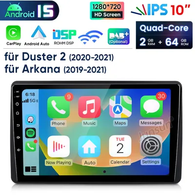 Immagine prodotto di Autoradio 10 pollici con CarPlay e Android 15, compatibile con Renault Dacia Duster dal 2015 al 2020, con navigatore GPS, Wi-Fi, 4G, Bluetooth, DAB+, controllo al volante, USB, DSP, 2GB di RAM e 64GB di memoria