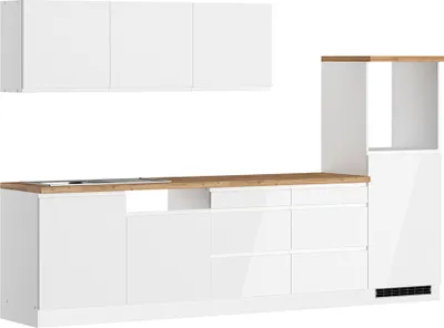 Produktbild von Küchenzeile 300 cm in Hochglanz weiß, Arbeitsplatte Eiche MARSEILLE-03
