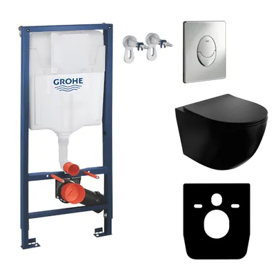 Produktbild von GROHE Vorwandelement Sinto Start + Wand Hänge WC Salto Schwarz Spülrandlos + WC-Sitz SoftClose | Verchromter Knopf | Komplettset | Unterputz Spülkasten |  Toilette Komplett Sett