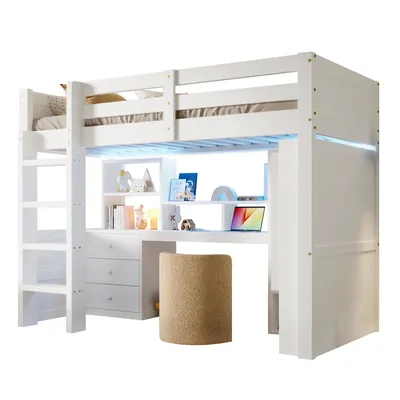 A white loft bed with a desk and storage underneath, set against a white background.