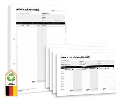 Immagine prodotto di Frank Paperman® 3x Set 50x registrazione dell'orario di lavoro in blocco + 4x riepiloghi annuali, registrazione dell'orario di lavoro per le piccole imprese - registro degli orari di lavoro A4