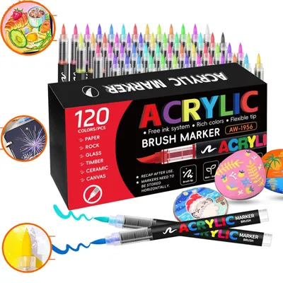 Produktbild von 120 Farben Acrylstifte Set, Acrylmarker mit Pinselspitze, Deckend, für Stein, Keramik, Holz, Leinwand