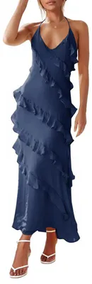 Produktbild von Damenkleid, Chiffon-Unterkleid, rückenfrei, mit Falten und Quasten, blau.