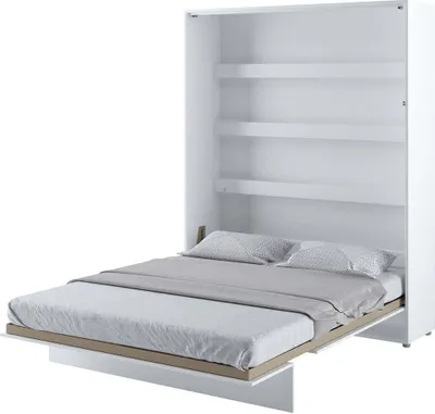 A white wall bed with shelves is shown with the bed pulled down and made.