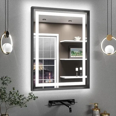 Imagen del producto de Espejo de baño con iluminación, marco de metal , 60x80 cm. Espejo de baño iluminado, antiniebla, espejo de pared con luces LED y interruptor táctil, 3 colores de luz, regulable y con función de memoria