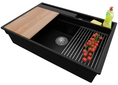 Produktbild von PRIMAGRAN Spülbecken Schwarz 78x53cm, Granitspüle 1 Becken + Ablauf-Set + Küchenzubehörset, Küchenspüle ab 80er Unterschrank - Oslo Pocket