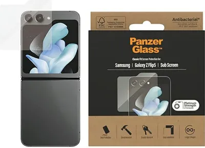 A product shot of a screen protector for a Samsung Galaxy Z Flip 5, shown next to its packaging.