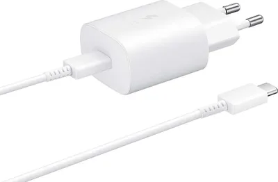 A white Samsung fast charger and USB-C cable on a white background.