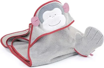 Produktbild von Käthe Kruse Badetuch Affe Carlo mit Waschlappen - graues Baumwoll-Babytextil