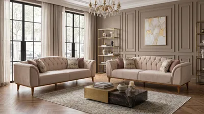 Immagine prodotto di Set per soggiorno color beige, divani a due posti, divani in tessuto, divani di design