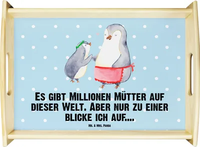 Produktbild von Mr. & Mrs. Panda Serviertablett Pinguin mit Kind - Blau Pastell - Geschenk, Mutter, Vorbild Mama, sofatablett, Muttertag, Tablett, Servierplatte Holz, aus, Familie, Mami