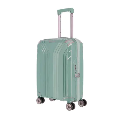 A mint green suitcase with a retractable handle and four wheels, shown against a white background.