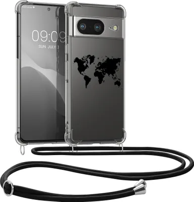Produktbild von kwmobile Necklace Case kompatibel mit Google Pixel 8 Hülle - Silikon Cover mit Handykette - Schwarz Transparent Travel Umriss