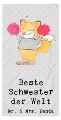 Produktbild von Mr. & Mrs. Panda Badehandtuch Fuchs Beste Schwester der Welt - Grau Pastell - Geschenk, Familie, Geschenkidee, Sister, Großes Handtuch, Kleinigkeit, Badelaken, Strandtuch