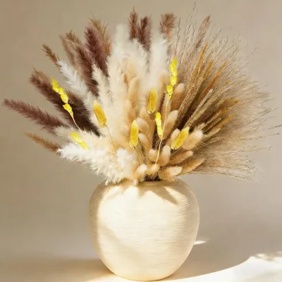 Image de Bouquet de graminées de pampa séchées, style bohème, 40 cm, 9 variétés, fleurs séchées, couleurs : marron, blanc, jaune