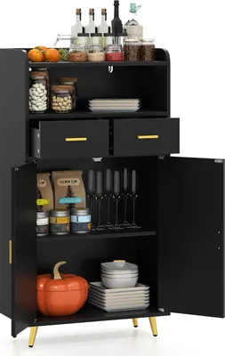 A black storage cabinet with two doors and two drawers, filled with various items.