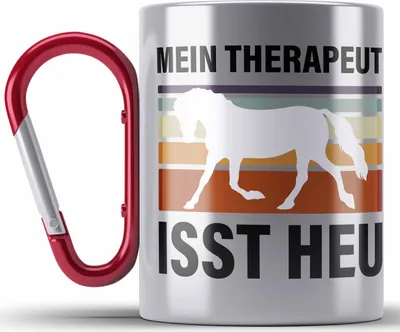 Produktbild von Trendation - Pferde Edelstahl Tasse Karabiner Lustig Reiterin Geschenk Pferde Geschenke Mädchen Pferdeliebhaber Mein Therapeut Isst Heu (Rot)