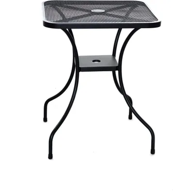 A black metal garden table with a square top and a lower shelf, shown against a white background.