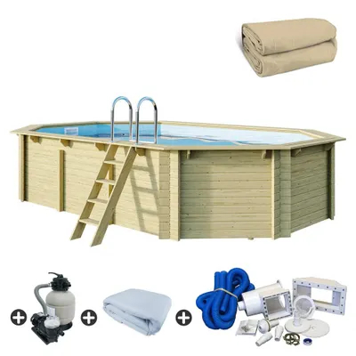 Produktbild von Holzpool SET Achteck Langform Folie sandfarben 6,10 x 4,00 x 1,24 m