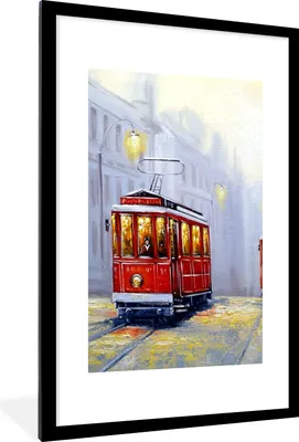 Produktbild von MuchoWow® Gerahmtes Poster Gemälde - Straßenbahn - Stadt - Öl 60x90 cm - Poster mit Schwarzem Bilderrahmen Wandposter Rahmen Foto Bilder - Dekoration - Wandposter Wohnzimmer - Hochwertig